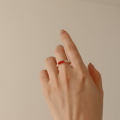 Red Agate & Pearl Beaded Rings