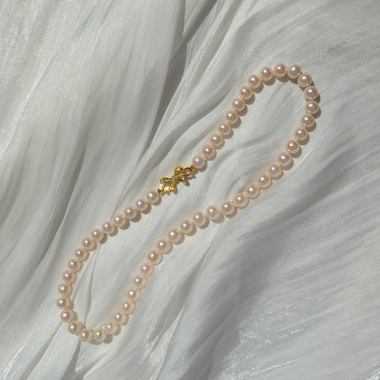 Pink Pearl Necklace with Ribbon Clasp