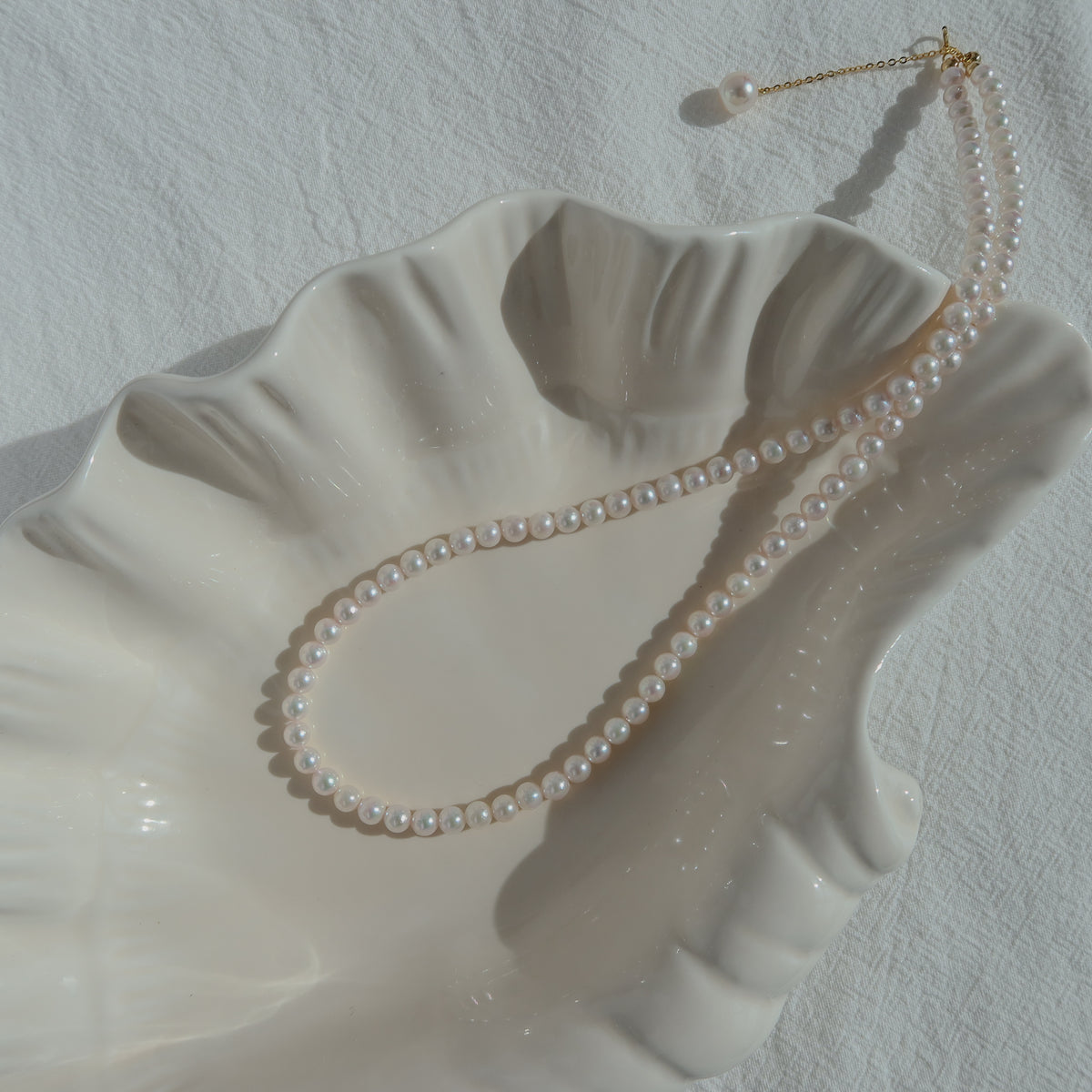 18k Gold Akoya Pearl Necklace resting on a white ceramic shell dish in natural sunlight, highlighting its luminous white Akoya pearls and delicate chain drop detail.