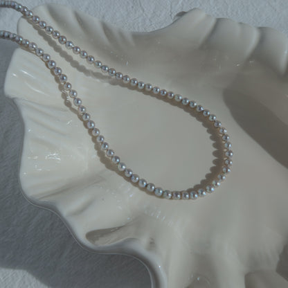 Blue Akoya Pearl Necklace resting on a white ceramic shell dish in warm sunlight, showcasing its lustrous blue Akoya pearls and delicate chain detail.