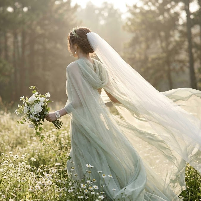 Woman in a wedding dress with a long veil standing in a field of flowers with a forest background.