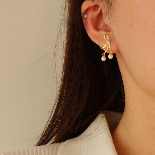 Crystal Ribbon & Pearl Earrings
