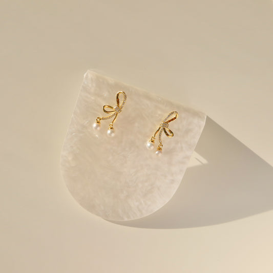 Crystal Ribbon & Pearl Earrings